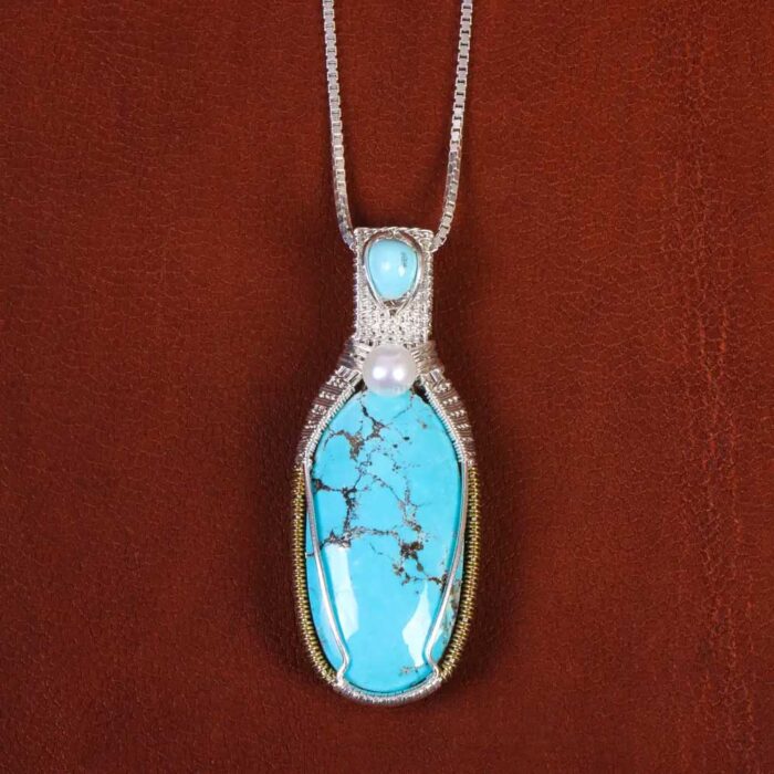 Artisan Real Turquoise Gem Necklace with Silver Frame for Women