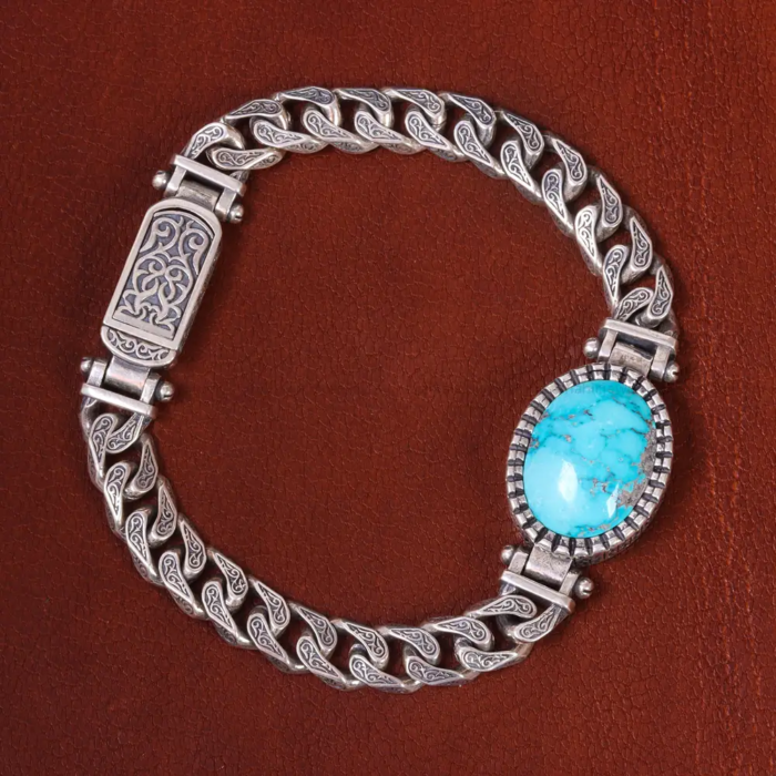 Handcrafted Real Turquoise Bracelet Silver for Gentlemen's