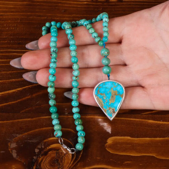 Real Handmade Beaded Turquoise Necklace with Feroza Pendant