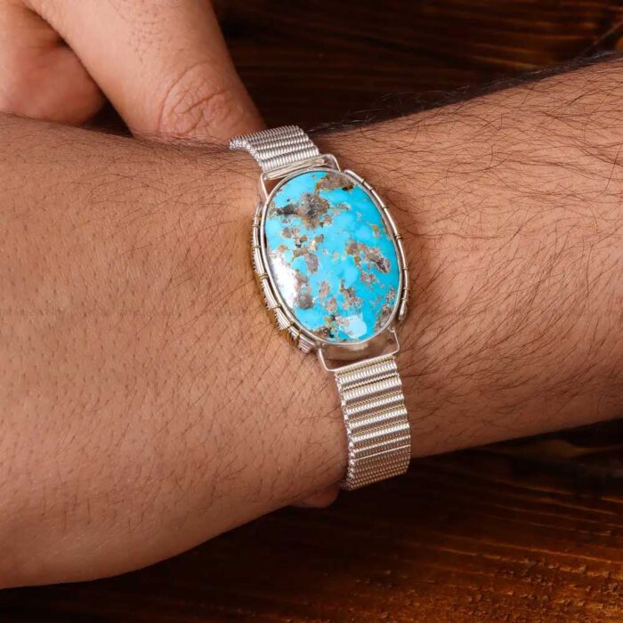 Natural Mined Turquoise Stone Bracelet Silver for Men's