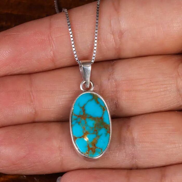 Artisanal Real Turquoise Necklace (Feroza Necklace) with Silver Frame