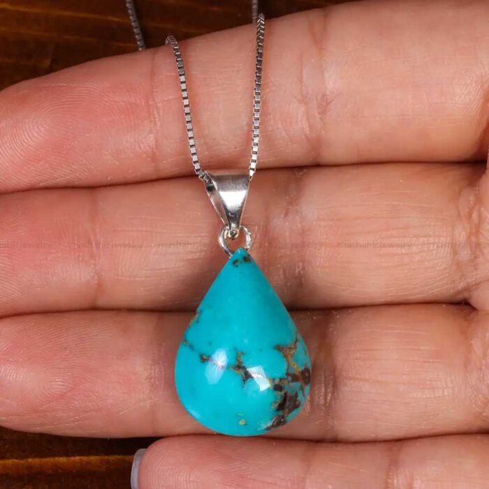 Natural Turquoise Pendant (Feroza Necklace) with Silver Chain