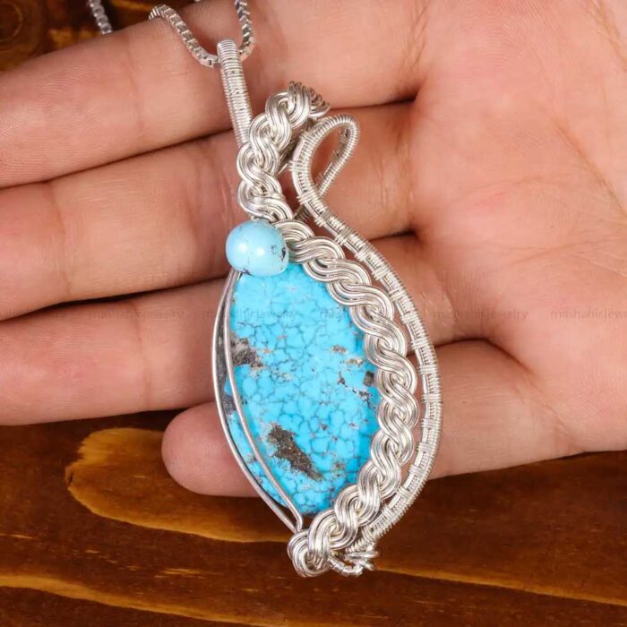 Genuine Turquoise Pendant Necklace in Sterling Silver for Women