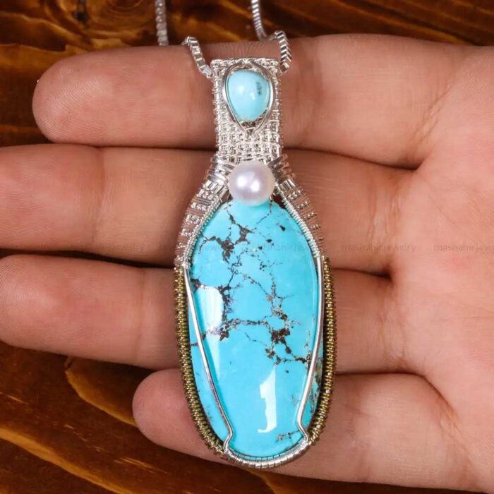 Artisan Real Turquoise Gem Necklace with Silver Frame for Women