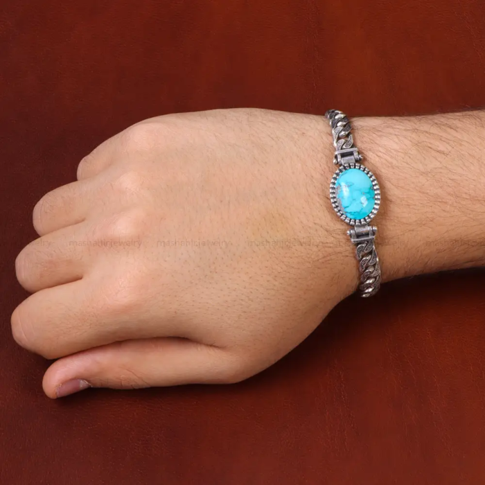 Handcrafted Real Turquoise Bracelet Silver for Gentlemen's