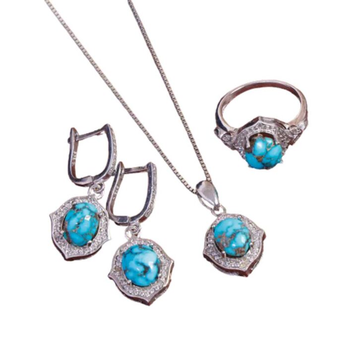 Luxury Real Turquoise Jewelry Set in silver for Women's with 4 pieces