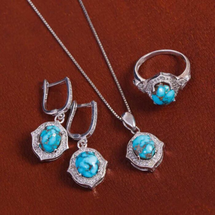 Luxury Real Turquoise Jewelry Set in silver for Women's with 4 pieces