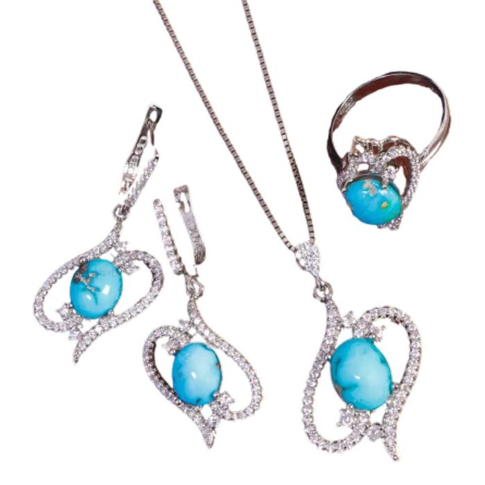 Designer Real Turquoise Jewelry Set in silver for Women's with 4 pieces