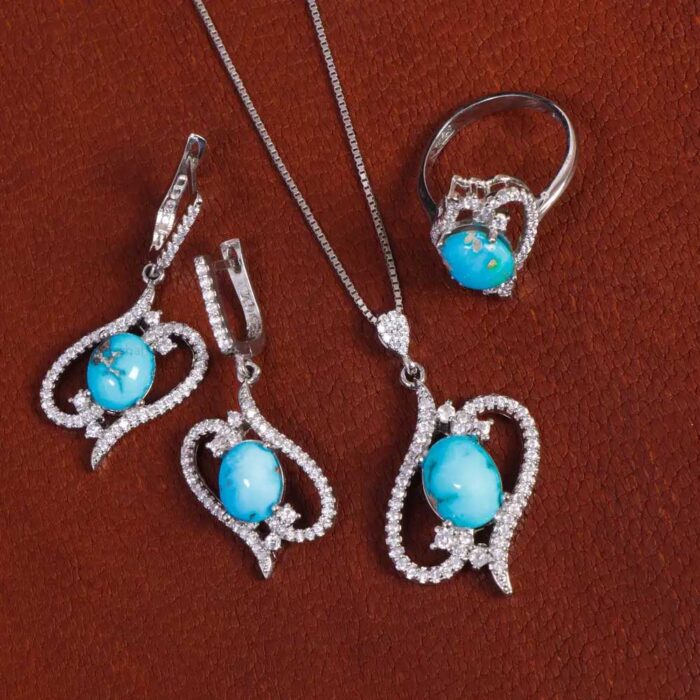 Designer Real Turquoise Jewelry Set in silver for Women's with 4 pieces