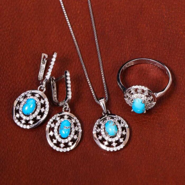 Handcrafted Real Turquoise Jewelry Set in silver for Women's with 4 pieces