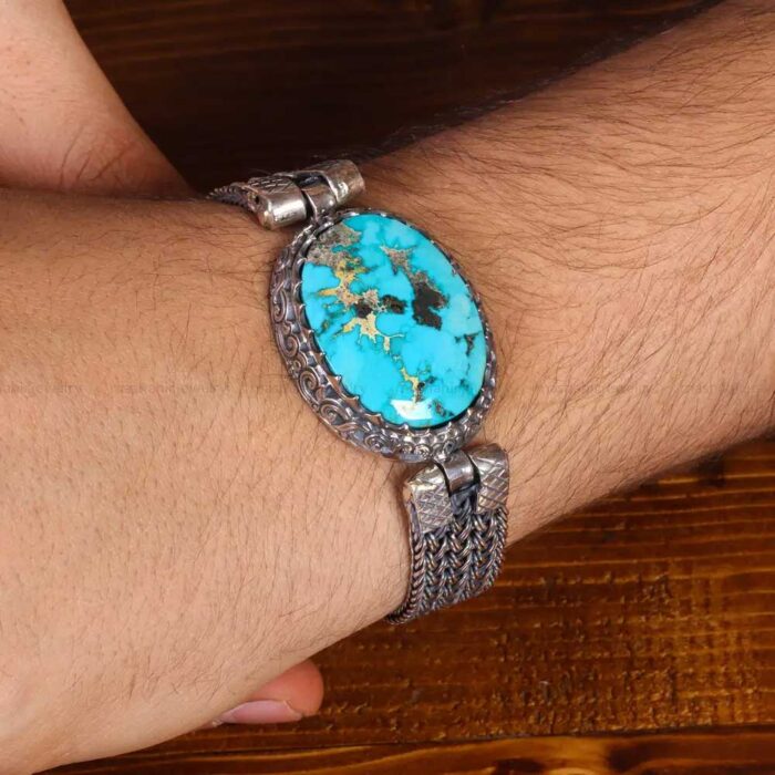 Genuine Real Turquoise Gem Bracelet Silver for Gentlemen's