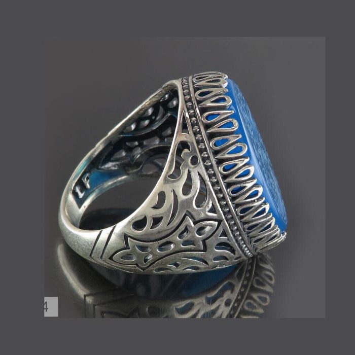 Men's Silver Ring with Blue Agate Stone and 'Ali' Engraving