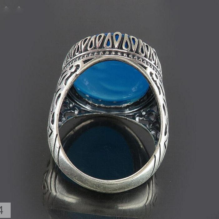 Men's Silver Ring with Blue Agate Stone and 'Ali' Engraving