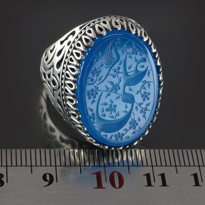 Men's Silver Ring with Blue Agate Stone and 'Ali' Engraving