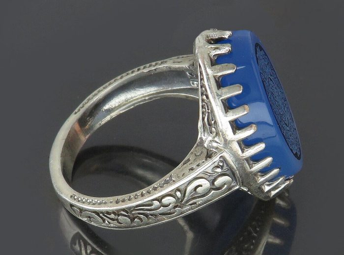 Beautiful Silver Blue Agate Ring with Surah Al Fatiha Engraving