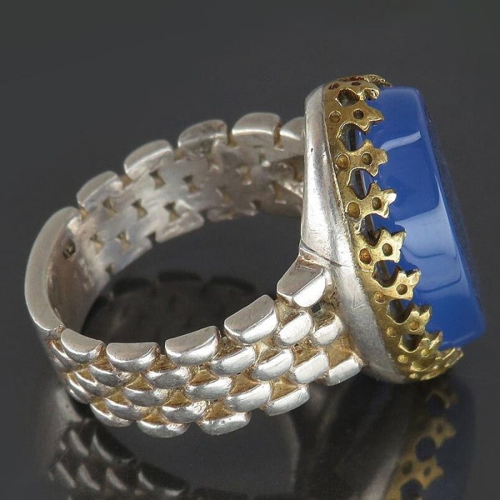 Blue Agate Silver Ring with Rolex Design and Surah "Al-Fatiha" Engraving