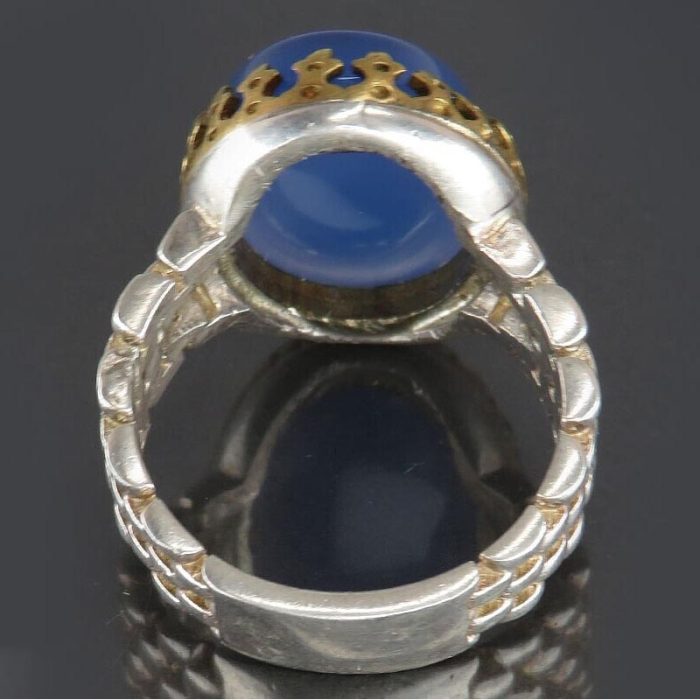 Blue Agate Silver Ring with Rolex Design and Surah "Al-Fatiha" Engraving