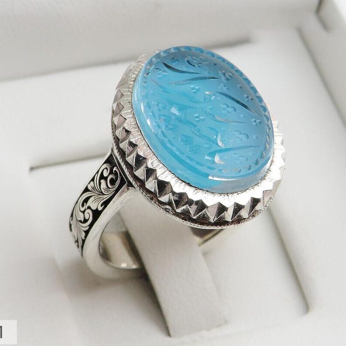 Handcrafted Men's Silver Ring with Blue Dur-e-Najaf Stone: Engraved with 'Ya Haydar Karrar