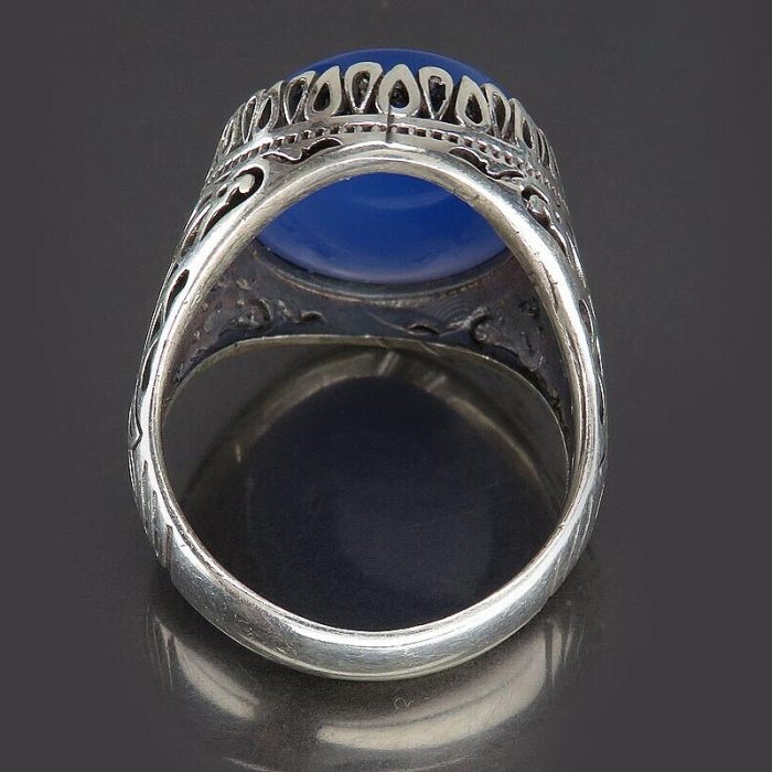 Engraved Blue Agate Silver Ring with Surah "An-Nas & Ayat al-Kursi"