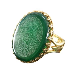 Green Agate Silver Ring with Detailed 6 Religious Engravings