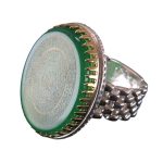 Green Agate Silver Ring with Wa Man Yattaqillah, Nad Ali, and Four Quls Engraving and Brass Crown Design