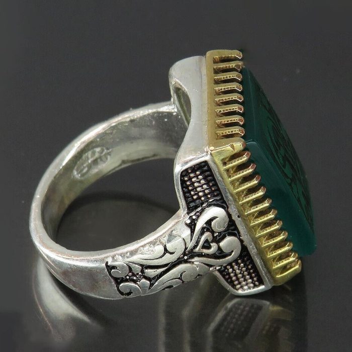 Handcrafted Men's Silver Rectangular Ring with Green Khorasan Agate