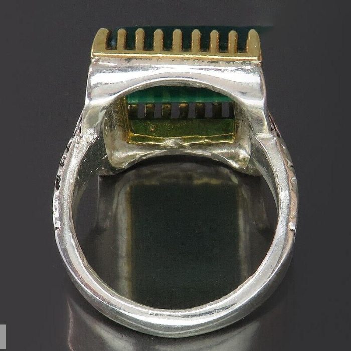 Handcrafted Men's Silver Rectangular Ring with Green Khorasan Agate