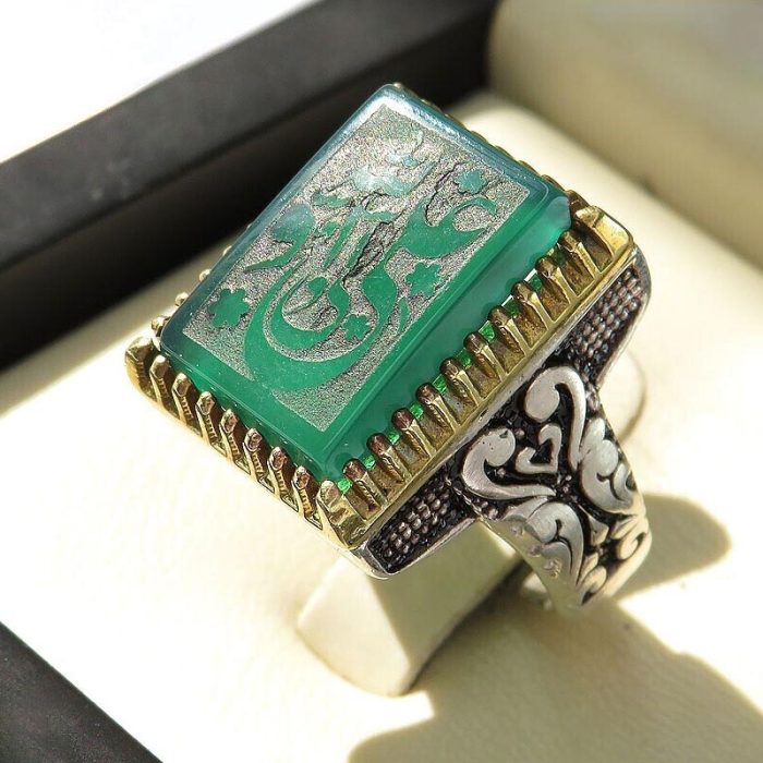 Handcrafted Men's Silver Rectangular Ring with Green Khorasan Agate