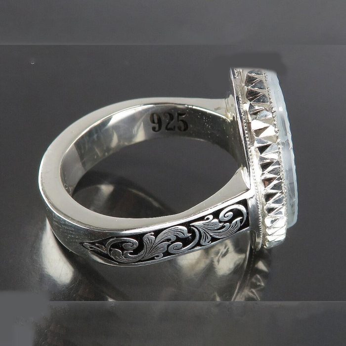 Handcrafted Men's Silver Ring with Blue Dur-e-Najaf Stone: Engraved with 'Ali Wali Allah'