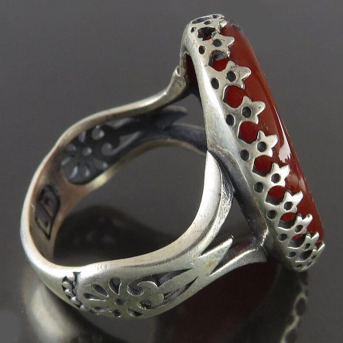 Handcrafted Men's Silver Ring with Red Agate and Engraving of "Surah Ar-Rahman"