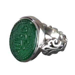 Handmade Men's Silver Ring with Green Agate and 'Ali Wali Allah' Engraving