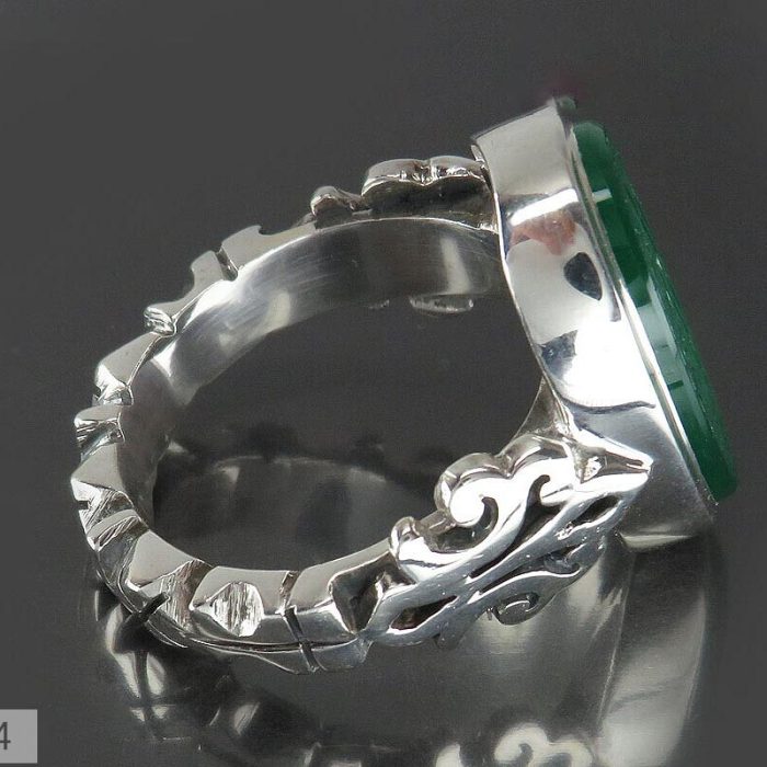 Handmade Men's Silver Ring with Green Agate and 'Ali Wali Allah' Engraving