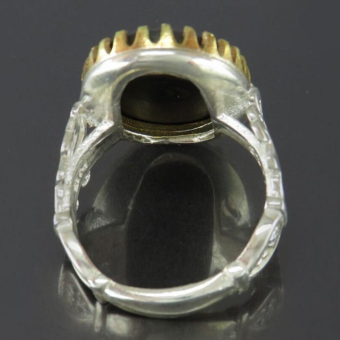 Hematite (Hadid) Silver Ring with Brass Crown Design and "Surah Al-Falaq" Engraving