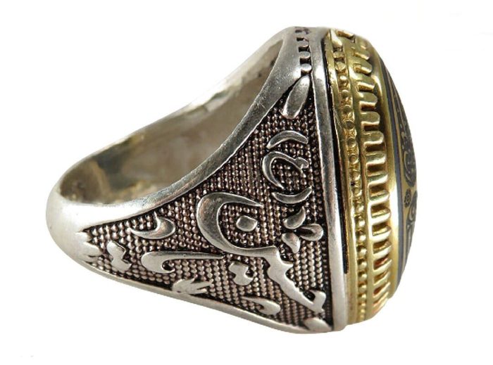 Hematite (Hadid) Silver Ring with Brass Crown and Surah Al-Kawthar Engraving