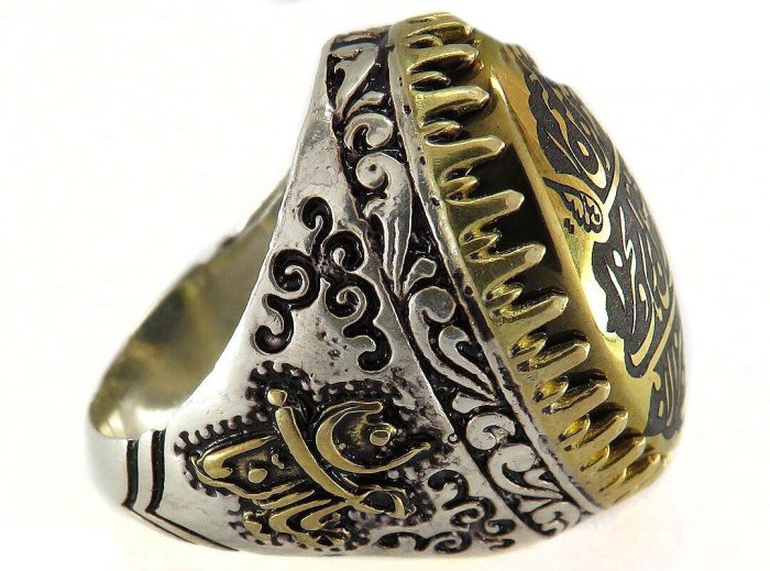 Hematite Silver Ring with Brass Crown, Sahab al-Zaman Design, and Surah Al-Kawthar Engraving