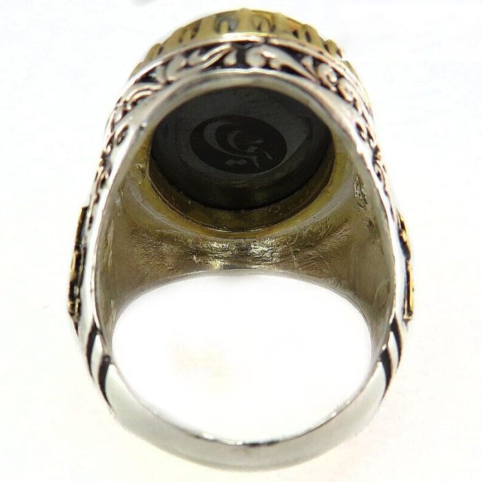 Hematite Silver Ring with Brass Crown, Sahab al-Zaman Design, and Surah Al-Kawthar Engraving