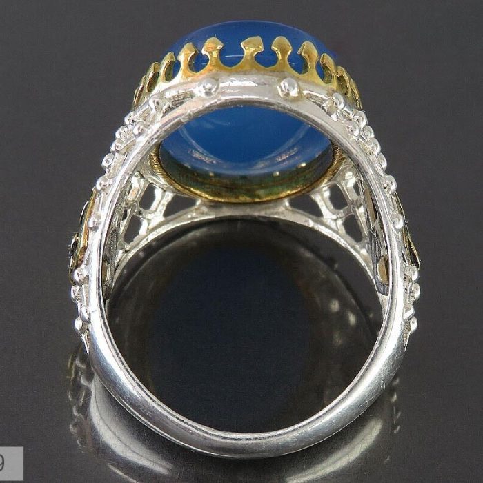 Men's Silver Blue Agate Ring with 18 Surahs Engraving