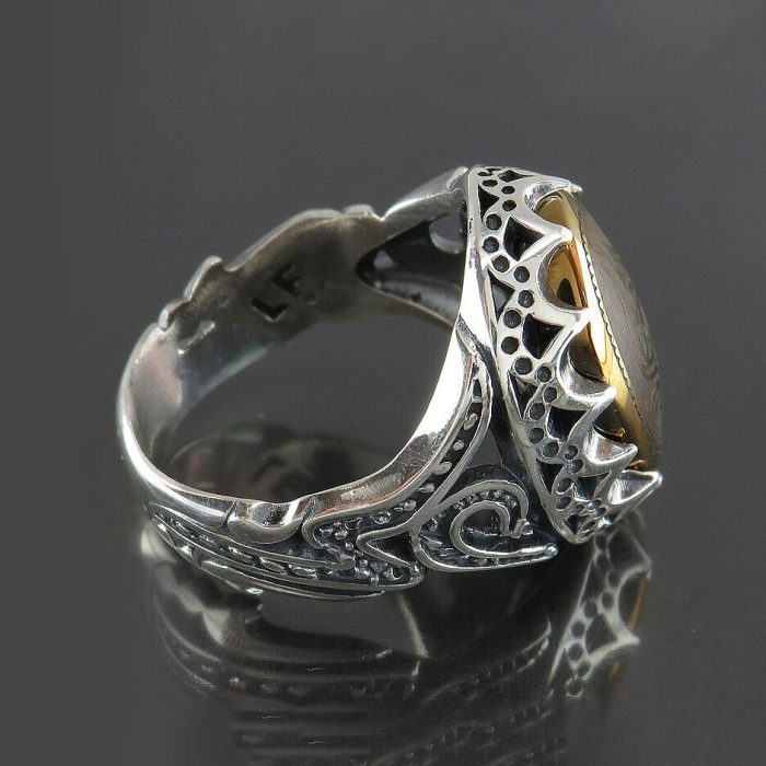 Men's Silver Hematite Ring: Engraved with 'Ya Fatima Al-Zahra' and 'Ya Ali'