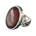 Men's Silver Red Agate Ring with Salawat Imam Hussain Frame Engraving and Ziyarat Ashura Stone Engraving