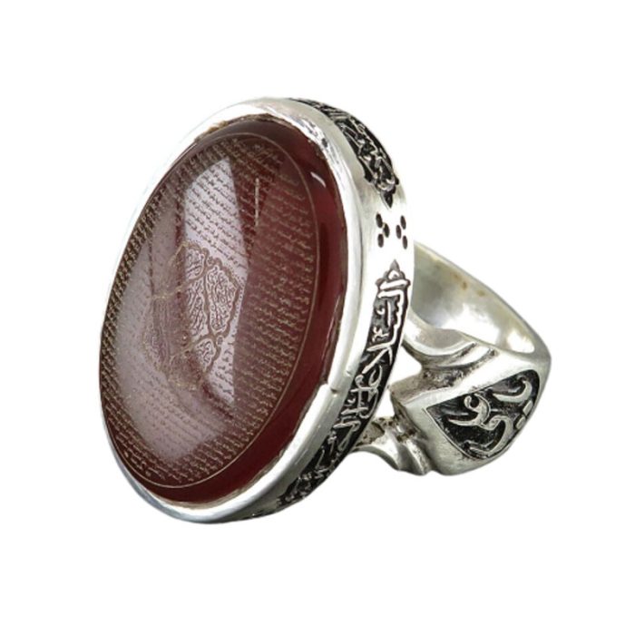 Men's Silver Red Agate Ring with Salawat Imam Hussain Frame Engraving and Ziyarat Ashura Stone Engraving