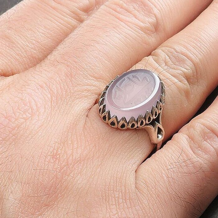 Men's Silver Ring with Blue Yemeni Agate: Engraved with Ya Ali