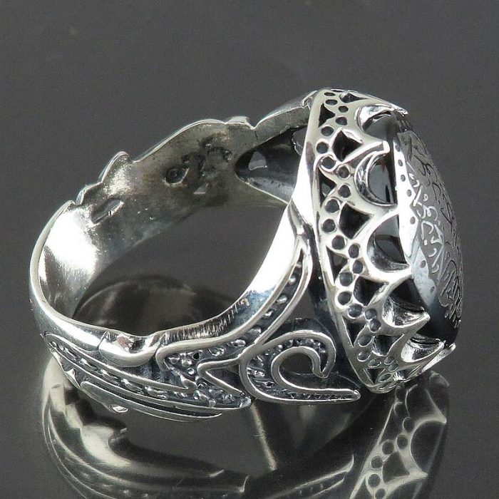 Men's Silver Ring with Hematite (Hadid) stone: Engraved by Ya Ali and Seven Jalala