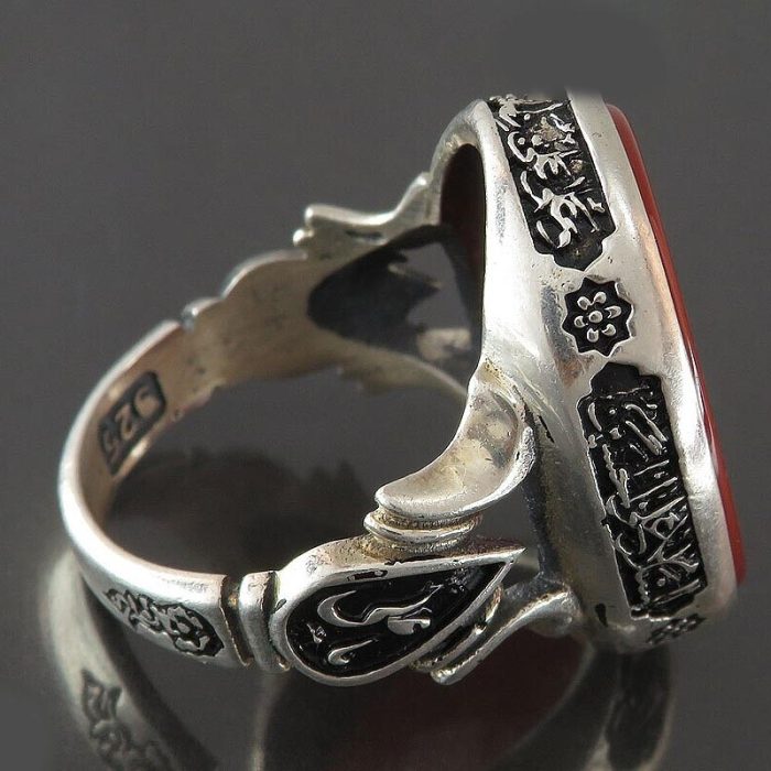 Handcrafted Men's Silver Ring with Red Agate and Engraving of "Surah Ar-Rahman"