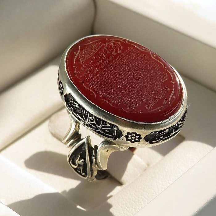 Handcrafted Men's Silver Ring with Red Agate and Engraving of "Surah Ar-Rahman"