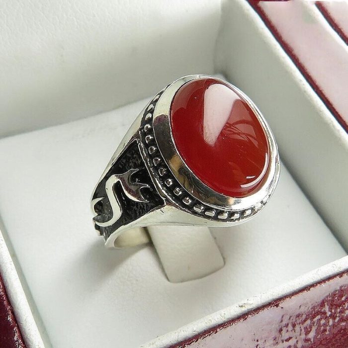 Men's Silver Ring with Red Agate: Elegant Simplicity with 'Ya Ali' Engraving