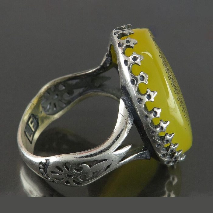 Men's Silver Ring with Yellow Agate: Engraved with 'La Ilaha Illallah,' 'Fourteen Imam,' 'Rizq o Rozi,' Quran Verse, 'Nad e Ali,' and 'Wa In Yakad