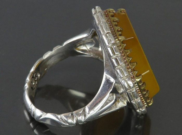 Octagonal Yellow Agate Silver Ring (Sharf Shams), Surah Al-Kawthar Engraving