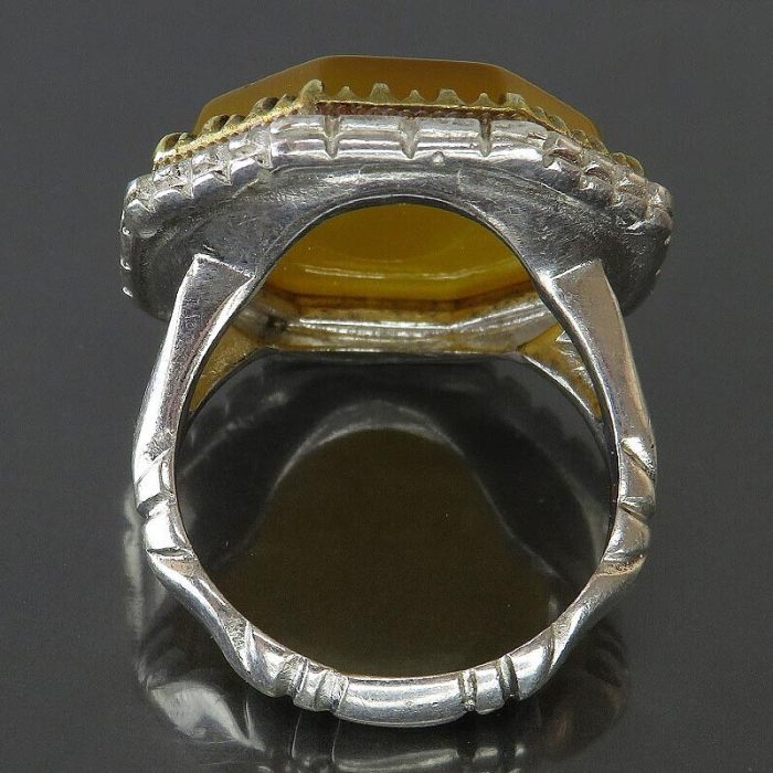 Octagonal Yellow Agate Silver Ring (Sharf Shams), Surah Al-Kawthar Engraving