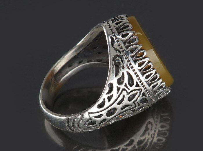 Yellow Agate (Sharf Shams) Silver Ring with Surah "An-Nas & Ayat al-Kursi" Engraving