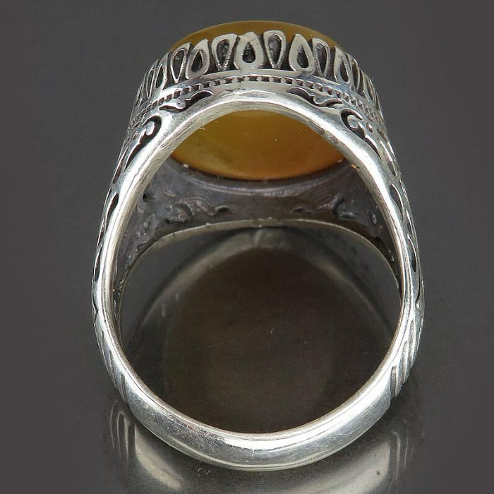 Yellow Agate (Sharf Shams) Silver Ring with Surah "An-Nas & Ayat al-Kursi" Engraving